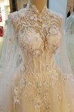 High Neck Wedding Dresses A Line With Beading Appliques Court Train Tulle Lace