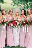 Dusty Pink Chiffon Sheath Off Shoulder Long Bridesmaid Dresses, Wedding Party Dresses STA15141