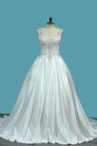 A Line Wedding Dresses Satin V Neck With Beading Sweep