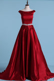 New Prom Dress A Line Boat Neckline Court Train Satin