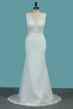 Lace V Neck Wedding Dresses Mermaid With Sash Court