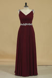 V Neck Bridesmaid Dresses A Line With Beads And Ruffles Floor Length