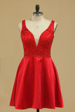 V Neck A Line Homecoming Dresses With Beading Above Knee