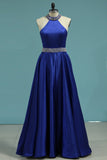 New Arrival High Neck Open Back A Line Satin With Beading Prom