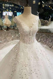 New Arrival Scoop Neck Wedding Dresses Tulle Lace Up With Crystals And