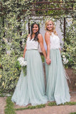 2 Pieces Ivroy And Mint Long A-Line Flowy Simple Cheap Elegant Bridesmaid