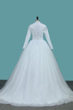 A Line Tulle Long Sleeves High Neck Wedding Dresses With Applique Sweep