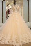 Long Sleeves Scoop Neck Wedding Dresses A Line With Beading Court Train Tulle Lace