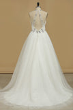 Halter Wedding Dresses A Line Open Back Tulle With Emroidery And