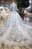 Ball Gown Lace Up Back Cathedral Train Wedding Dress Appliques&Beads Long