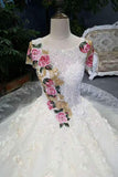 New Arrival Peony Flower Wedding Dresses Scoop Neck Tulle Lace Up With Beaded