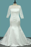 Bateau Mermaid 3/4 Length Sleeves Satin Wedding Dresses Court Train