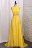 New Arrival Scoop With Ruffles And Slit Prom Dresses A Line 30D