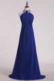 Dark Royal Blue Halter Bridesmaid Dresses Chiffon With Beading Floor Length