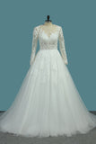 Long Sleeves Scoop Tulle A Line Wedding Dresses With Applique Court