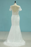 New Arrival Scoop Short Sleeves Mermaid Tulle With Applique Wedding