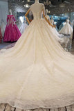 Lace Wedding Dresses Scoop Cap Sleeves Lace Up Back Royal