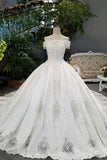 New Arrival Satin Boat Neck Wedding Dresses Lace Up With Appliques And