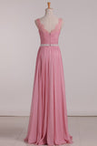 Bridesmaid Dresses A Line V Neck Beaded Waistline Chiffon With Ruffles