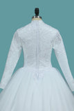 A Line Tulle Long Sleeves High Neck Wedding Dresses With Applique Sweep