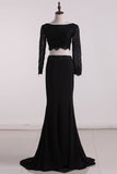 New Arrival Bateau Prom Dress Mermaid Long Sleeves Lace Bodice With Beading