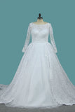 Long Sleeves Ball Gown Wedding Dresses Bateau Tulle & Satin With