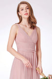 Simple A Line Pink V Neck Tulle Sleeveless Prom Dresses Long Bridesmaid Dresses STA15383