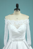 Boat Neck Wedding Dresses Mid-Length Sleeves Satin With