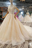 Lace Wedding Dresses Scoop Cap Sleeves Lace Up Back Royal