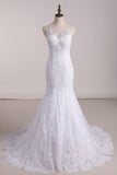 Court Train Scoop Mermaid Wedding Dresses Tulle With Applique