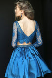 Two Pieces Homecoming Dresses Satin & Lace Long Sleeve