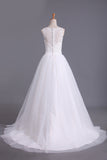 New Arrival Spaghetti Straps Wedding Dresses Sheath Lace & Tulle With Applique Court Train STAPRX2EKZH