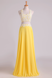 New Arrival Halter Prom Dresses A-Line With Applique Chiffon