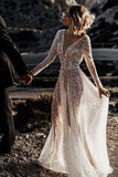 Sparkly V Neck Long Sleeves See Through Sequins Wedding Dresses