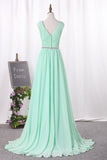 V Neck A Line Ruched Bodice Beaded Waistline Chiffon Bridesmaid Dresses Sweep