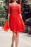 A Line Scoop Mid-Length Sleeves Homecoming Dresses Chiffon Knee