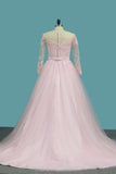 A Line Tulle Long Sleeves Scoop Wedding Dresses With Applique And Sash Sweep