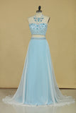 Two-Piece Halter A Line Prom Dresses With Beading And Rhinestones Bicolor Chiffon &