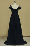 New Arrival Straps A Line Chiffon Prom Dress Sweep Train With Slit And Ruffles