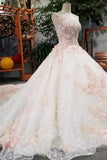 Luxurious Floral Wedding Dresses Scoop Neck With Appliques And Sequins Lace