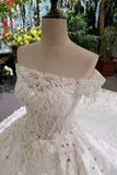 Luxurious Satin Wedding Dresses Lace Up Boat Neck With Appliques And