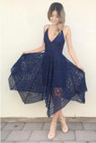 Dark Navy Spaghetti Straps Short Lace Bridesmaid