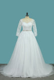 Bateau Wedding Dresses Tulle A Line With Applique And Beads Court