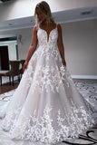 Charming Ball Gown V Neck Tulle Wedding Dresses with Appliques