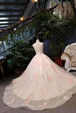 Awesome Floral Wedding Dress Shiny Tulle Scoop Lace Up With Beads Handmade