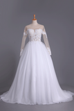 Long Sleeves Bateau Open Back Wedding Dresses Tulle With Applique