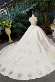 New Arrival Satin Boat Neck Wedding Dresses Lace Up With Appliques And