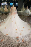 Elegant Scoop Neck Wedding Dresses Tulle A-Line Lace Up With Shoulder