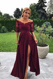 Modest Off the Shoulder Burgundy Bridesmaid Dresses with Slit, Prom STA20427