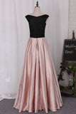 New Prom Dress A Line Boat Neckline Floor-Length Satin With Beaded Waist